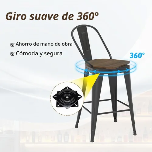 Vista 4 de Juego de 4 taburetes de bar giratorios de 24 pulgadas, taburetes de bar industriales con patas de metal resistentes, taburetes de bar con respaldo