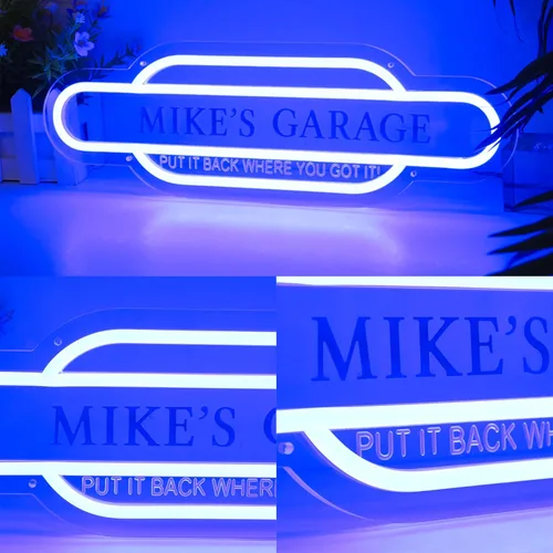 Vista 5 de Letrero de neón de garaje azul personalizado con calcomanías, letrero de luz LED de acrílico personalizado hecho a mano, letrero de neón LED