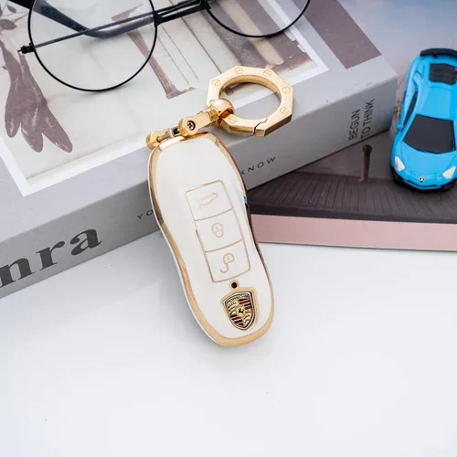 Vista 7 de Funda para llavero Porsche con llavero de moda para Porsche 911 Cayenne Panamera Macan, oro y blanco