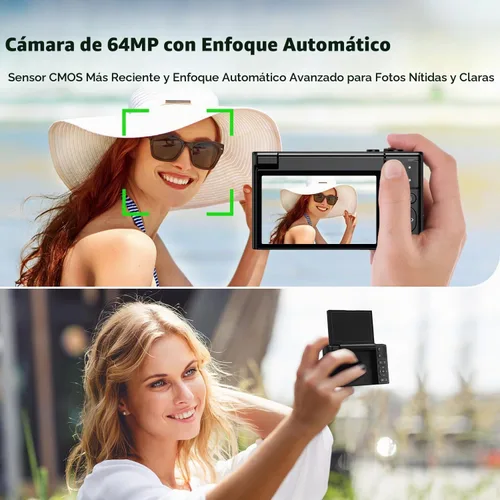 Vista 4 de Cámara digital 4K para fotografía, cámara de video vlogging de 64MP para YouTube con pantalla giratoria de 3'' 180°, tarjeta Micro SD de 64GB, zoom