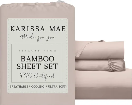 Vista 22 de KARISSA MAE Juego de sábanas de viscosa de bambú de lujo, 100% certificado FSC, refrescante, lujosamente suave, bolsillos profundos de 18 pulgadas