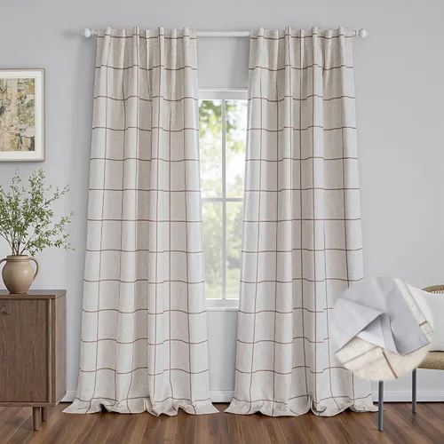 Vista 14 de MYSKY HOME Cortinas de Lino a Cuadros 100% Opacas de 45 Pulgadas de Largo de Doble Capa Estilo Granja con Aislamiento Térmico Estampado a Cuadros
