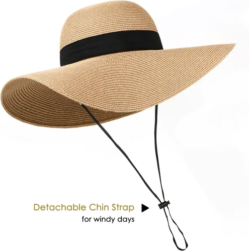 Vista 3 de Sombrero de paja para mujer ala ancha UPF 50 sombrero de verano plegable para playa