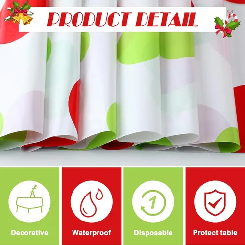 Vista 3 de Hosuly Rollo de mantel de Navidad de 100 pies x 40 pulgadas con lunares rojo y verde, mantel rectangular desechable de plástico para invierno