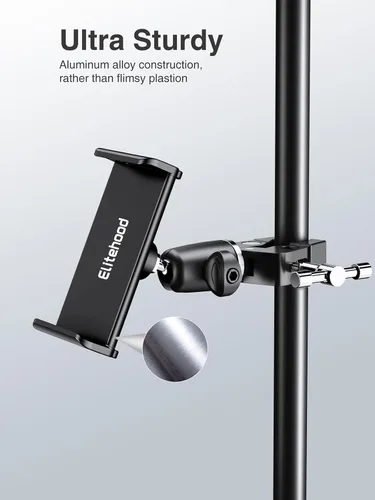 Vista 2 de elitehood Soporte de metal para iPad para soporte de micrófono, soporte de micrófono ajustable de 360°, soporte de iPad de aluminio para soporte