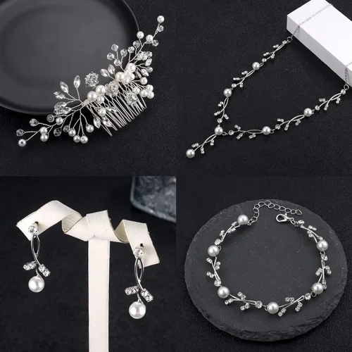 Vista 6 de YADOCA Juego de joyas de novia de perlas para mujer, collar de gota de cristal con diamantes de imitación de perlas para el cabello, pulsera