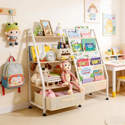 Vista 6 de Estantería para niños y almacenamiento de juguetes para habitaciones de niños, estantería para bebés con 4 estantes de eslinga y organizador