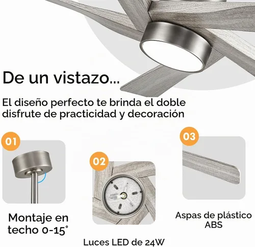 Vista 5 de WINGBO Ventilador de techo ABS DC de 54 pulgadas con luces, ventilador de techo de grano de madera ABS de 5 aspas con control remoto, motor CC