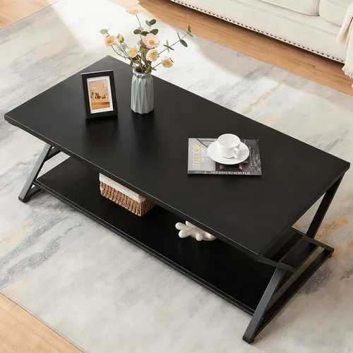 Vista 7 de HOMISSUE - Mesa de café, mesa de café rústica rectangular con almacenamiento de 2 niveles, mesa central de madera de ingeniería con estantes