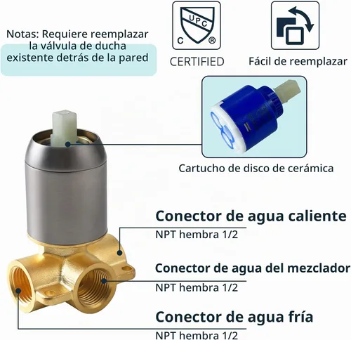 Vista 5 de Manija de válvula de ducha, kit de llave mezcladora de ducha de baño, válvulas de control de ducha de montaje en pared, válvulas rugosas de tina