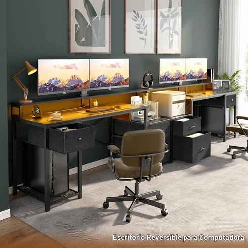 Vista 2 de Aheaplus Escritorio para computadora con 3 cajones, escritorio de oficina en casa con cajón de archivos y toma de corriente, escritorio gaming