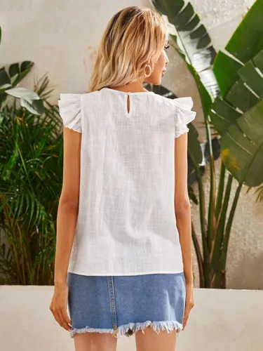 Vista 2 de WDIRARA - Blusa a rayas con volantes, manga casquillo y cuello en V con muesca para mujer