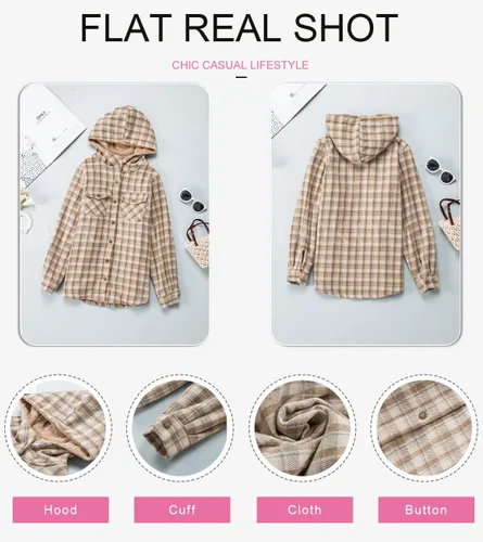 Vista 5 de Dokotoo - Chaqueta para mujer, manga larga, con botones y capucha, de vellón, cálida, a cuadros