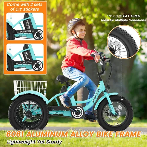 Vista 4 de MOPHOTO Triciclo eléctrico de 16 pulgadas para jóvenes, bicicleta eléctrica Menta cool