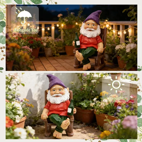 Vista 5 de nezababy Gnomo de jardín divertido, estatuas para exteriores, escultura traviesa, decoración inapropiada para beber cerveza, mecedora, gnomo