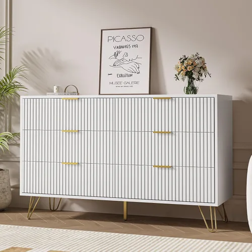 Vista 11 de MAISONARIA Cómoda negra de 3 cajones para dormitorio, cómoda moderna de armario, cómoda acanalada con asas de metal dorado, mesita de noche