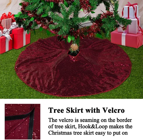 Vista 5 de AMZLOKAE Falda de árbol de lentejuelas color burdeos de 36 pulgadas, kit de decoración navideña de vino con purpurina y brillo para Halloween