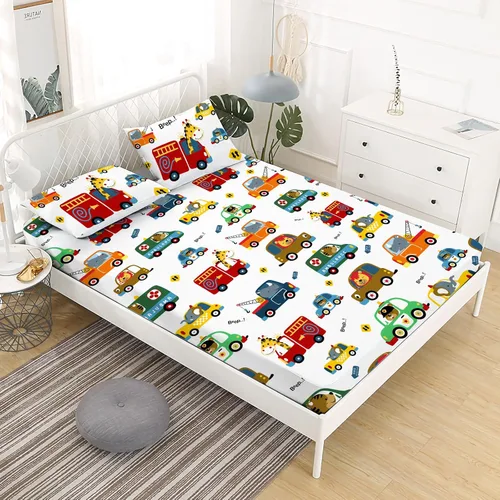 Vista 2 de Juego de sábanas para niños con temática de autos y animales tamaño Queen para niños y niñas - Juego de ropa de cama de dibujos animados con Coches