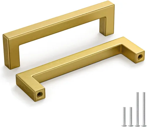 Vista 19 de Homdiy Paquete de 30 tiradores de bronce cepillado dorado de 3- 1/2 pulgada, cuadrados, herrajes para gabinete de cocina, armarios; 3- 1/2 pulgadas