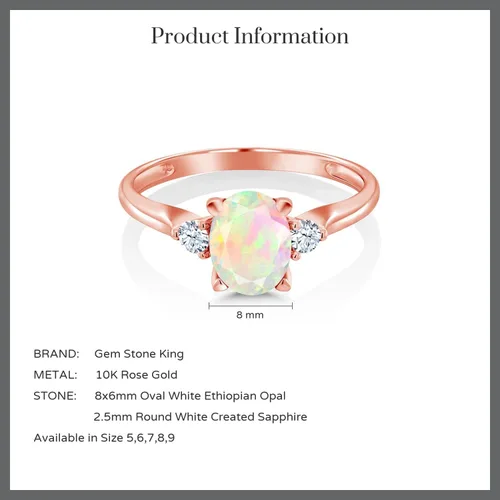 Vista 6 de Gem Stone King Anillo de compromiso de oro rosa de 10 quilates con ópalo etíope blanco y zafiro blanco creado con 3 piedras para mujer
