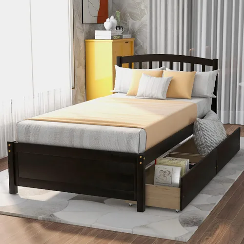 Vista 2 de Harper & Bright Designs Cama de plataforma de madera con cajones, marco de cama de tamaño individual con cabecero, cama de almacenamiento