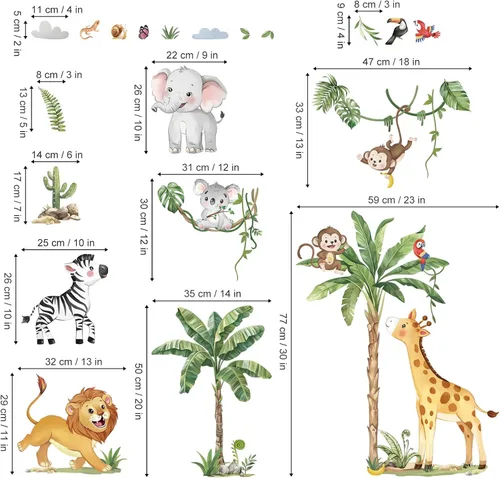 Vista 4 de decalmile Adhesivos de pared grandes de animales de la jungla, diseño de árboles tropicales, calcomanías de pared de animales del safari, jirafa