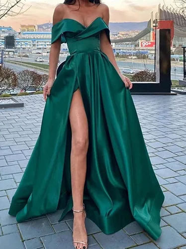 Vista 3 de SoDigne Vestidos de graduación con hombros descubiertos y abertura larga para mujer, vestido de fiesta de noche formal de satén con bolsillos