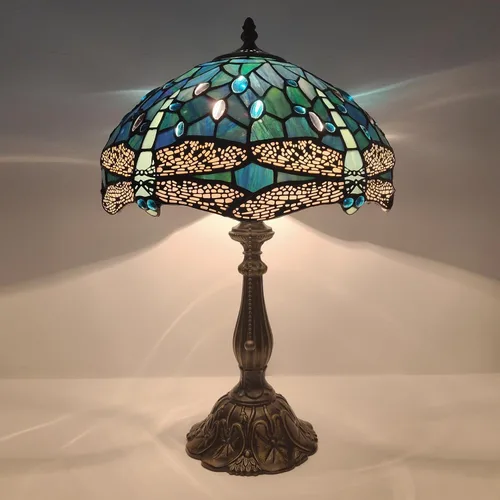 Vista 6 de Tiffany Lamp Stained Glass Table Lamp Bedside Reading Light W12H19 Inches (Sea Blue Dragonfly Style)