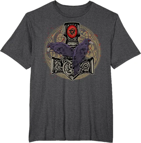 Vista 20 de Thors Hammer Mjolnir Huginn and Muninn Odin Raven - Camiseta, Negro, S