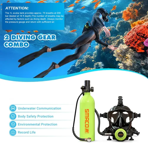 Vista 2 de SMACO Mini tanque de buceo con máscara de buceo de cara completa, S400 Pro 1L Mini tanque de buceo portátil botella de poni reutilizable hasta 20