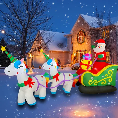 Vista 4 de SEASONBLOW Papá Noel inflable de Navidad de 9 pies en trineo con 2 decoraciones de unicornio con luz LED para patio, césped, jardín, hogar, fiesta