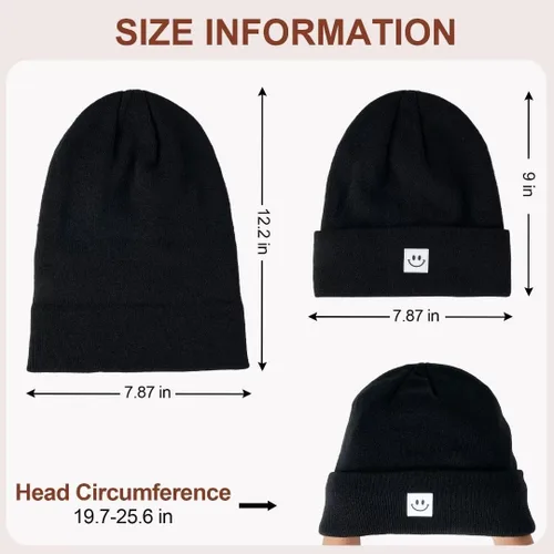 Vista 3 de Hispeka Gorro de punto con cara sonriente para mujeres y hombres, paquete de 3 gorros con puños para invierno, hombres, mujeres, adultos