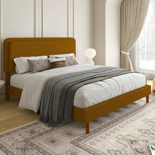 Vista 10 de Marco de cama tapizado Boucle de tamaño matrimonial con cabecera ajustable, plataforma de nube, patas de madera maciza, no necesita somier, fácil