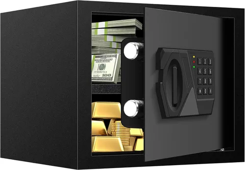 Vista 11 de Cajas fuertes pequeñas para uso doméstico, caja de seguridad digital con cerradura de combinación, llaves de repuesto y estante extraíble, caja