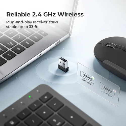 Vista 5 de iClever GK08 - Teclado y mouse inalámbricos, combo de teclado recargable, ergonómico, silencioso, diseño de tamaño completo con teclado numérico