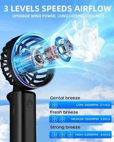 Vista 5 de Ventilador de mano portátil, mini ventilador de escritorio plegable de 2000 mAh, rotación de 180°, 3 velocidades, ultra silencioso, hasta 8 horas