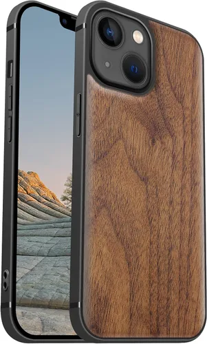 Vista 11 de Carveit Funda magnética de madera para iPhone 13 Mini [madera natural y TPU suave negro] funda protectora de madera única y elegante a prueba
