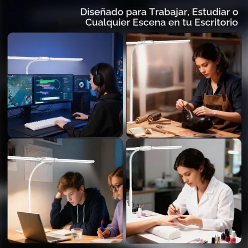 Vista 5 de Lámpara de escritorio LED con abrazadera, luz de arquitecto ajustable de doble cabeza, lámpara de escritorio para monitor de cuidado de los ojos