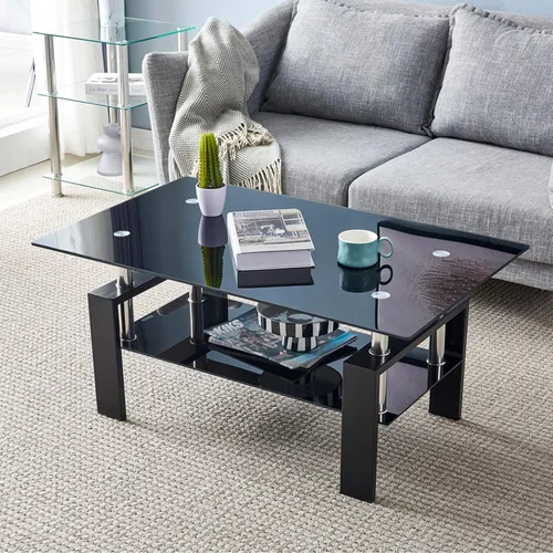 Vista 6 de Mesa de centro rectangular de cristal negro de 43.3 pulgadas, mesa de centro transparente, mesas centrales laterales modernas para sala de estar