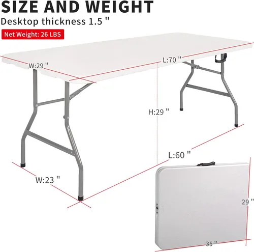 Vista 3 de Mesa plegable de plástico de 6 pies, mesa de camping plegable ajustable para picnic, campamento, cocina, fiesta al aire libre e interior (blanco)