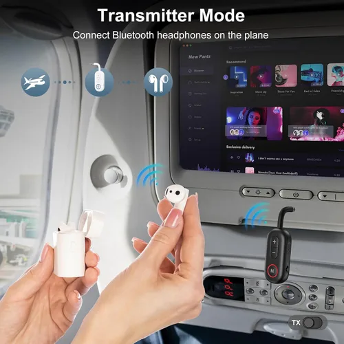 Vista 3 de Receptor transmisor Bluetooth 5.3 actualizado 2 en 1, adaptador Bluetooth para avión, baja latencia, manos libres, adaptador de audio auxiliar