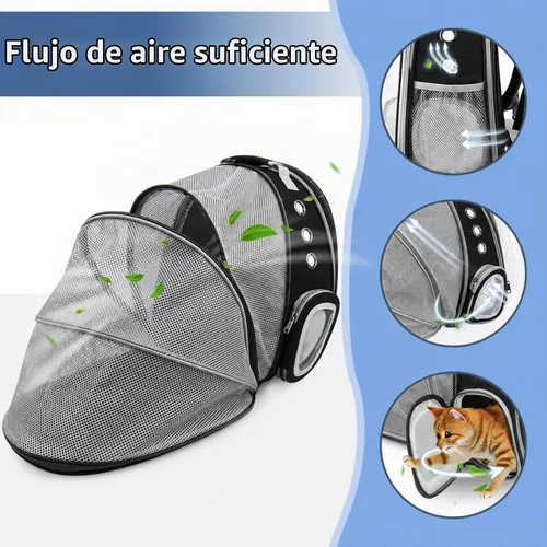 Vista 5 de Mochila extensible para gatos con ventana de burbujas y malla, color negro
