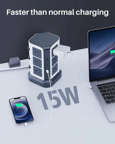 Vista 3 de KOOSLA - Tira de alimentación de torre con 2 USB C, protector de sobretensiones de 1500J con 12 tomas y 5 USB (1875W/15A), cable de extensión de 5