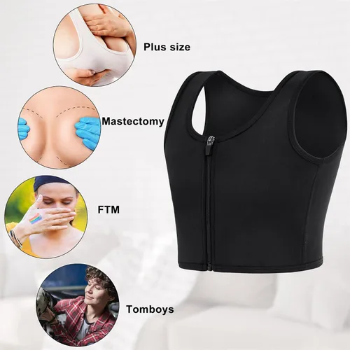 Vista 6 de BRABIC Carpeta de pecho para mujer transgénero Tomboy FTM Corsé corto con cremallera elástica Trans sin mangas