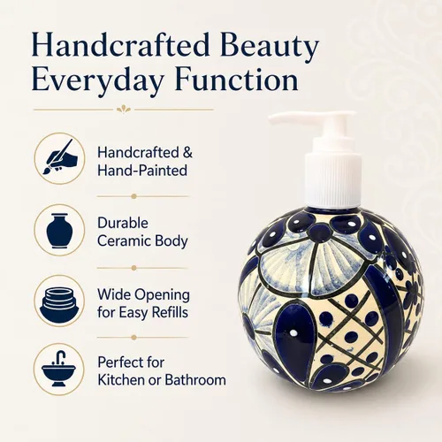 Vista 3 de Talavera - Dispensador de jabón y loción de cerámica – Talavera azul y blanco – para encimeras de cocina o baño – Cerámica mexicana pintada a mano