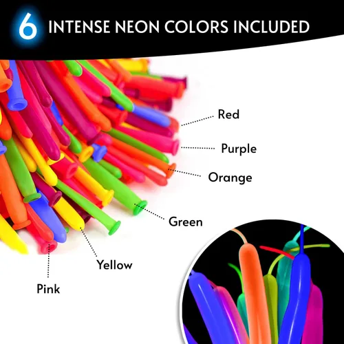 Vista 3 de Glow King Globos de neón para atar – Globos de fiesta fluorescentes que brillan en neón para atar animales de globo, suministros de fiesta reactivos