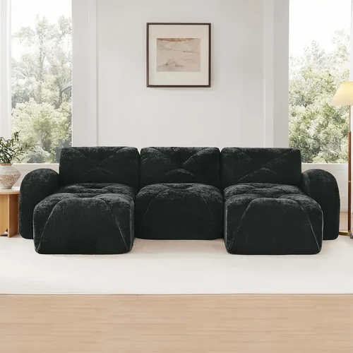 Vista 3 de Sofás modulares en forma de U de 110.6 pulgadas para sala de estar, moderno sofá sin hueso de terciopelo con 2 otomanas, no requiere montaje, cómodo