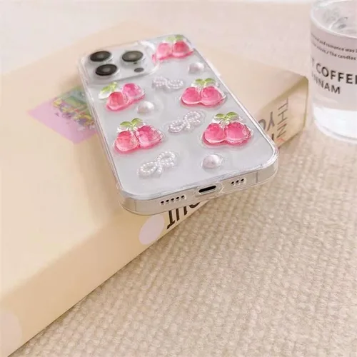 Vista 8 de Blingy's Funda para iPhone 14 Pro Max, bonito patrón de cerezas, estilo tropical, funda protectora transparente de TPU suave transparente de 6.7