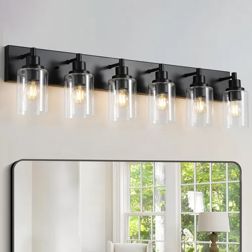 Vista 14 de LOUSACE Lámpara de tocador de baño de 3 luces, lámparas de baño negro mate sobre el espejo, iluminación moderna de baño con pantalla de vidrio