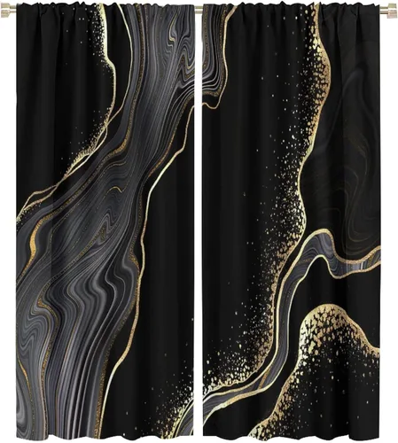 Vista 140 de Cortinas Negras con Dobladillo Dorado, Cortinas Opacas con Bolsillo para Barra con Estampado de Rayas de Foil en Onda Dorada para Decoración de Negro
